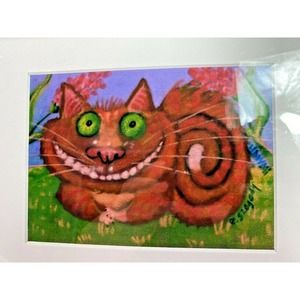 Cheshire Cat Original Pastel Drawing Signed by Esther Szegedy Vibrant Red Cat